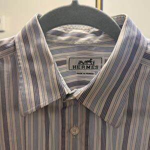 HERMÈS Paris Striped Button Down Shirt Blue White Cropped Cut Made in France